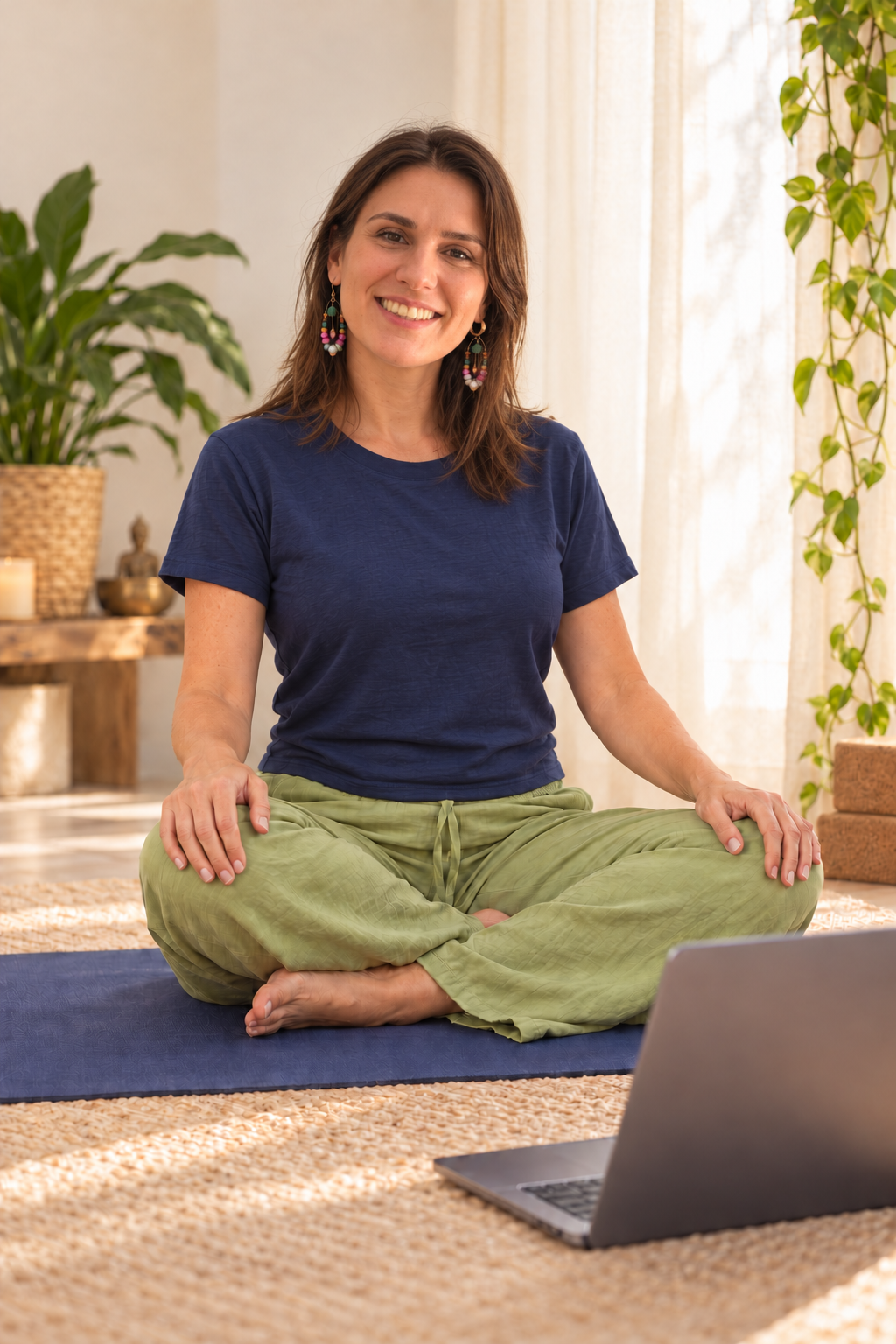 Imagen adaptada a partir de fotos de Carolina García Tourn, en una escena de clase online con ropa de yoga